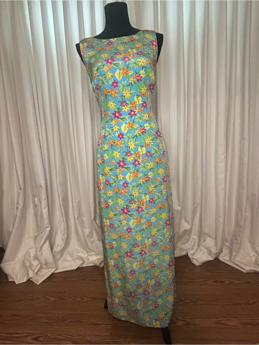 Maggy London Aqua Sleeveless Floral Maxi Dress with Yellow & Pink Blooms
